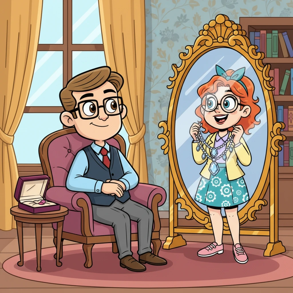 Eleanor carefully lifted the dazzling necklace from its box, holding it up against her throat, her reflection in a nearby gilded mirror showing pure joy. Mr. Thorne leaned back, a subtle, knowing smirk playing on his lips, his eyes never leaving her as she admired the opulent gift, completely absorbed in the moment.