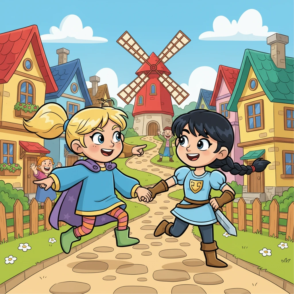 Nel cuore di un villaggio allegro e colorato, vivevano due amiche inseparabili, Stella, con i suoi capelli biondi come il sole, e Luna, con la sua chioma scura come la notte. Erano sempre pronte a nuove avventure e a far sorridere tutti con la loro energia contagiosa.