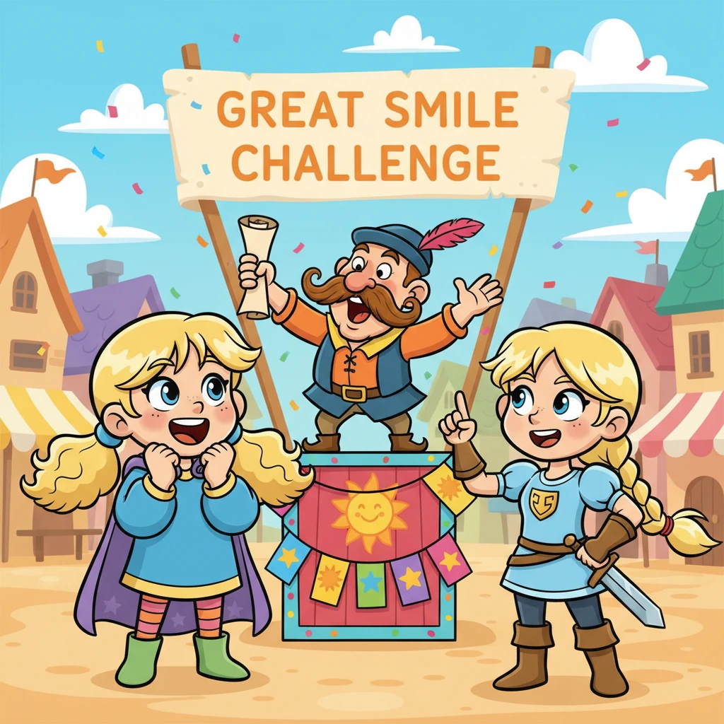 Un giorno, un eccentrico araldo annunciò la 'Grande Sfida del Sorriso', una serie di giochi divertenti e stravaganti per celebrare il festival annuale. Stella e Luna si guardarono con occhi scintillanti, un misto di eccitazione e sana rivalità.