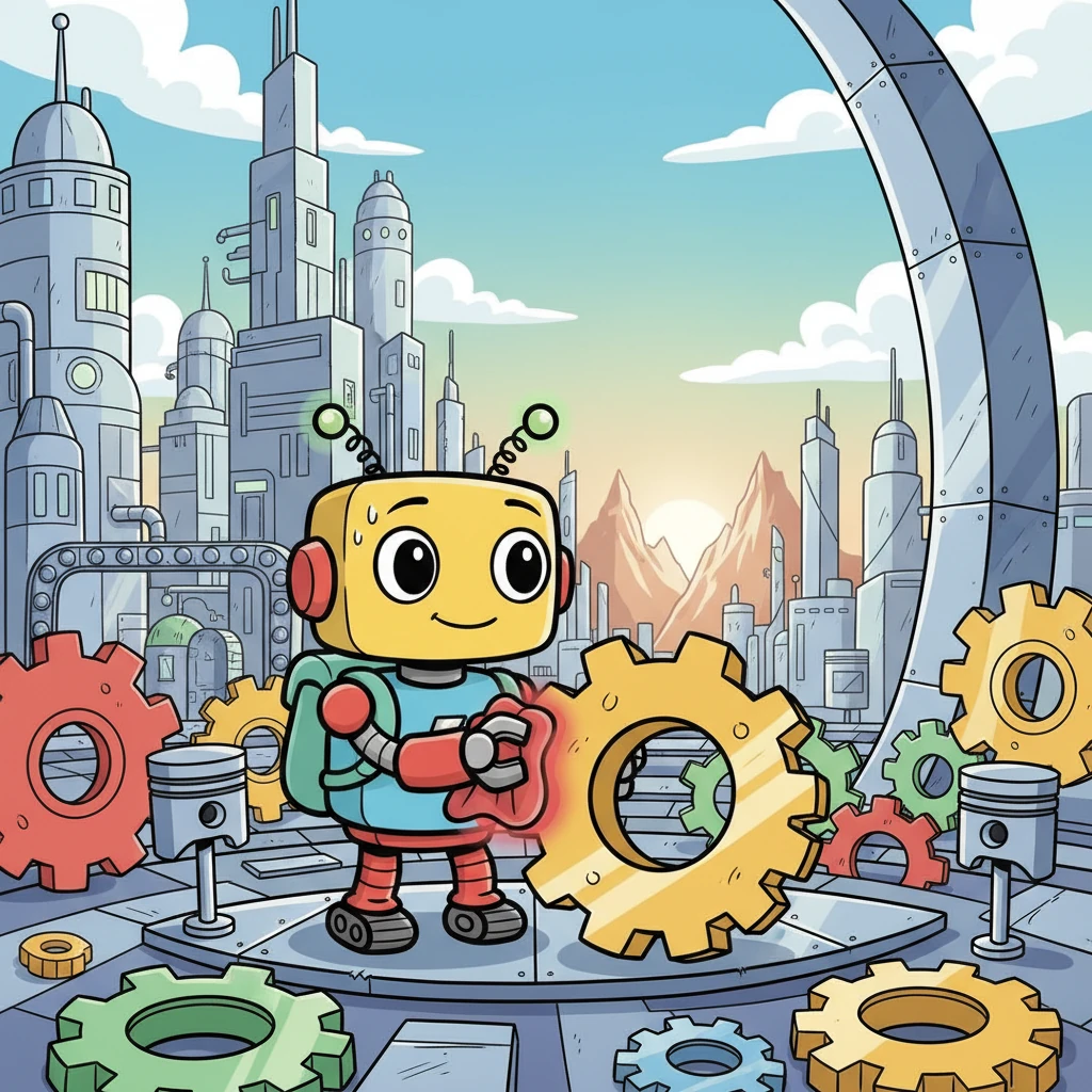 Bolt, a small, curious robot, meticulously polishes gears in a bustling, metallic city. His optical sensors sparkle with a longing for adventure beyond the city's towering, chrome walls, hinting at dreams far grander than his daily tasks.