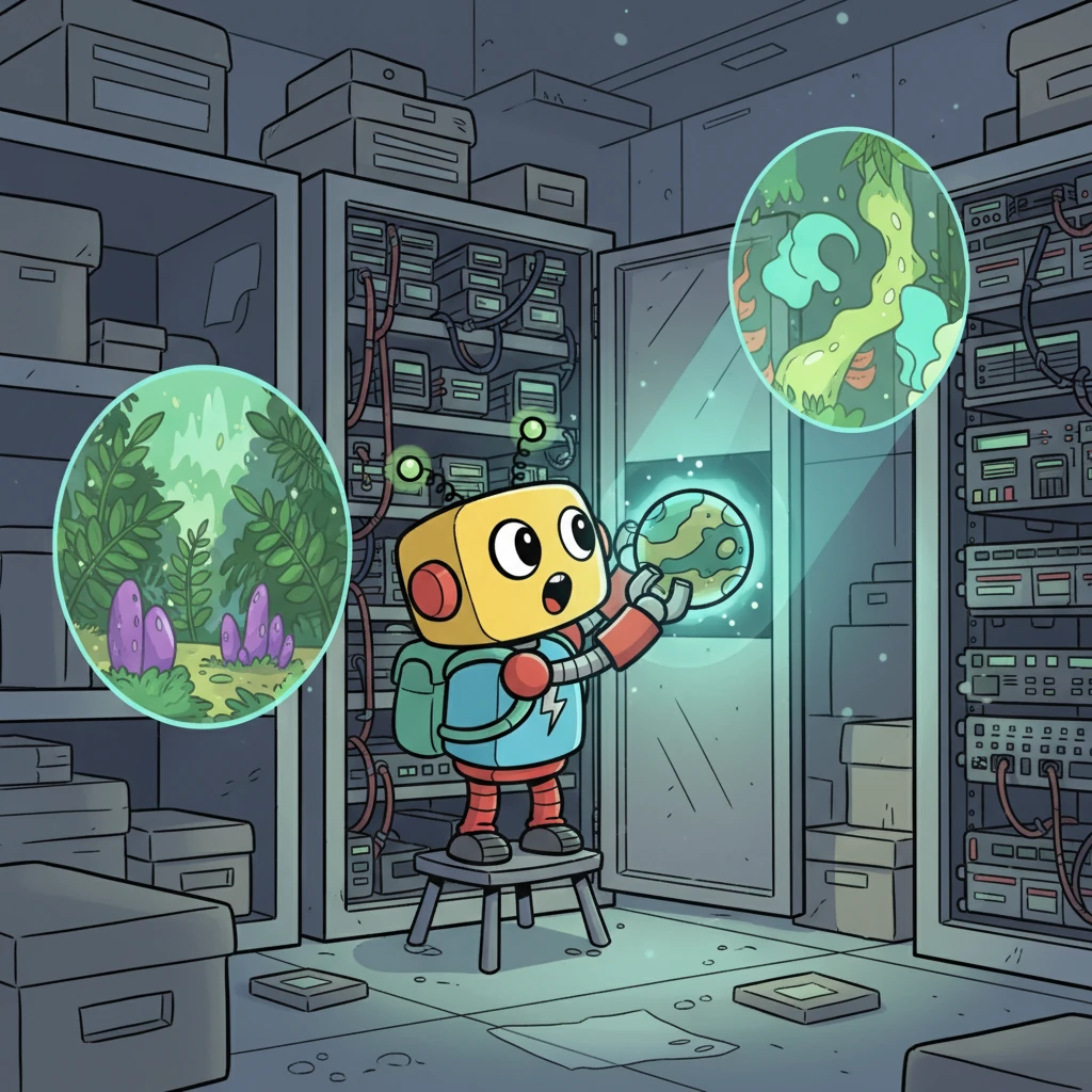 While tidying an old data archive, Bolt stumbles upon a hidden compartment. Inside, he finds an ancient, glowing data-orb that projects vivid images of lush green landscapes and strange, organic shapes, completely unlike anything he has ever seen.