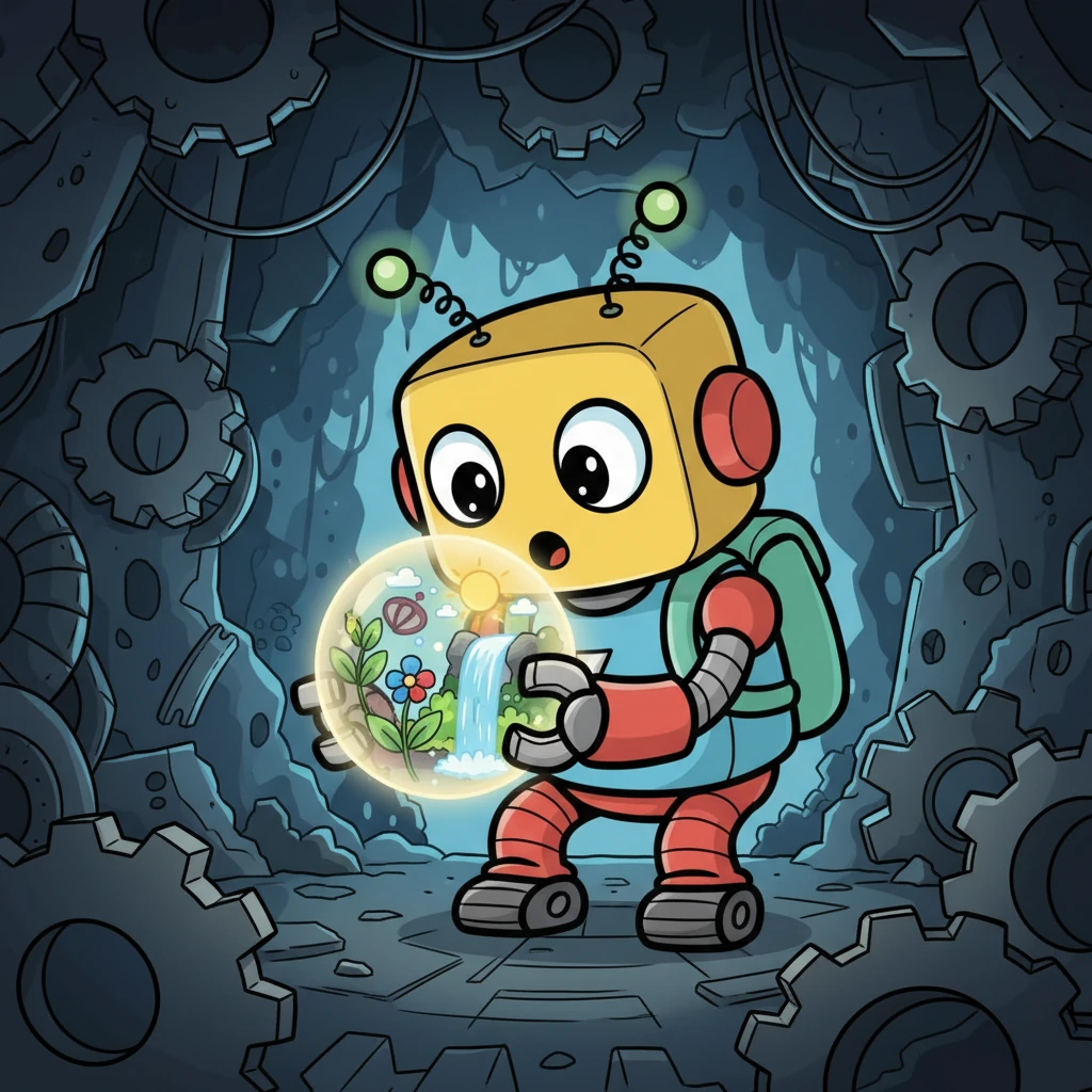 Bolt secretly studies the orb, mesmerized by its vibrant depictions of nature. The stark contrast between these images and his metallic world sparks a deep, unshakeable curiosity about the forgotten world the orb reveals.