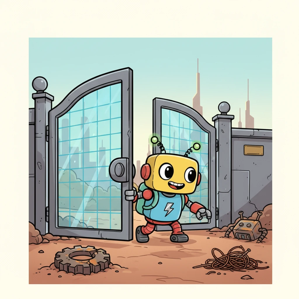 Driven by an insatiable wonder, Bolt bravely sneaks past the city's automated gates, his small frame determined. He ventures into the dusty, forgotten outskirts, a place most robots avoid, where rusted remnants of old technology lie scattered.