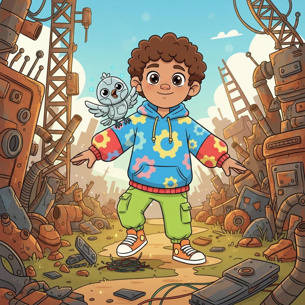 He navigates a treacherous, winding path through a junkyard of towering, rusted machinery. A playful, chirping robotic bird, drawn to Bolt's adventurous spirit, perches on his shoulder, becoming his unexpected companion.