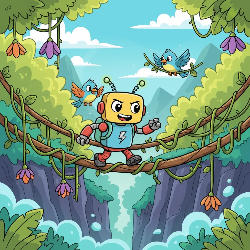 Bolt encounters a tricky, overgrown vine-bridge that sways precariously over a deep ravine. With clever maneuvering and a bit of teamwork from his new bird friend, he manages to cross safely, his circuits buzzing with triumph.