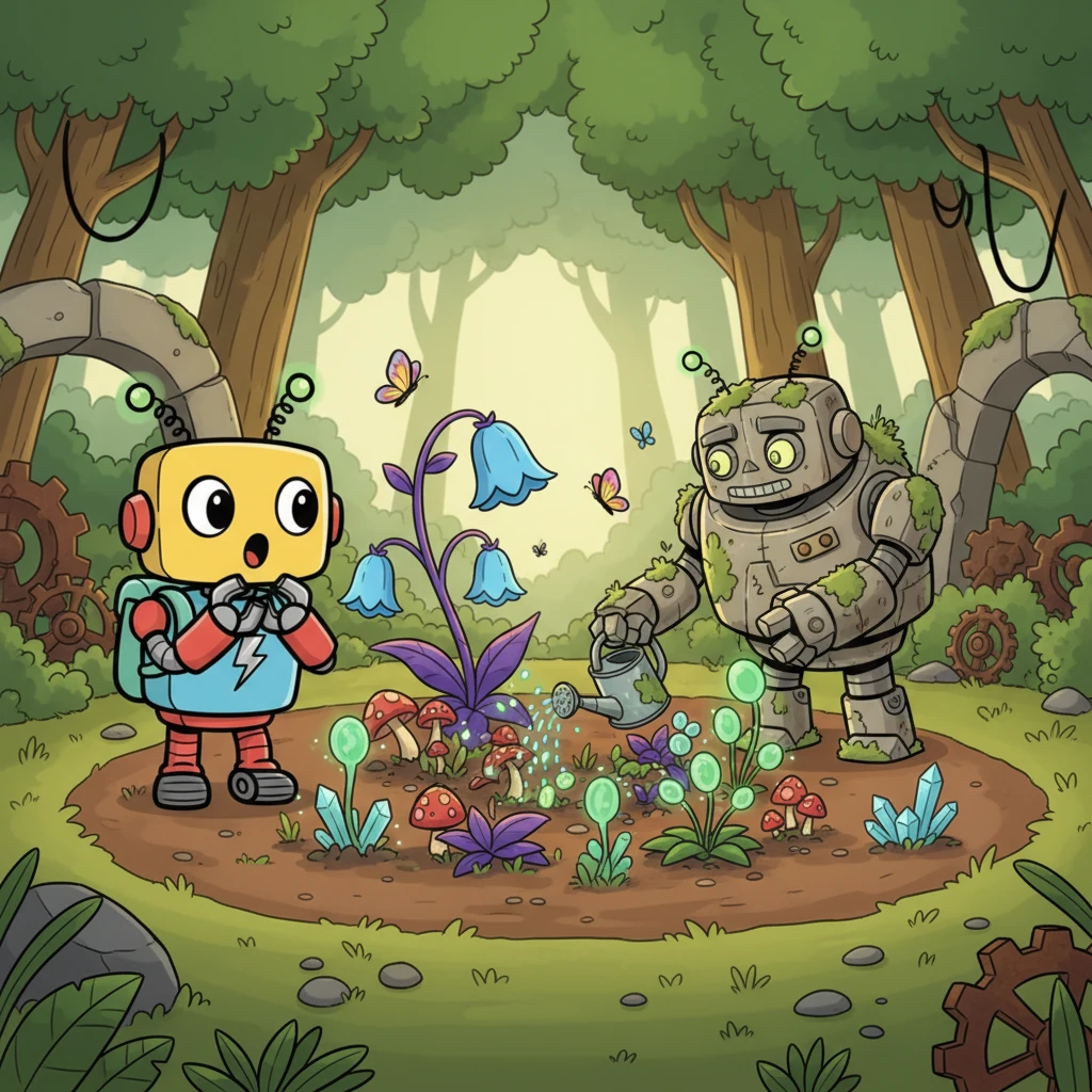 Deep in the wilderness, past the last of the city's forgotten structures, Bolt discovers a hidden clearing. There, an ancient, moss-covered robot named Sparky is meticulously tending a secret, vibrant garden of real, living plants.