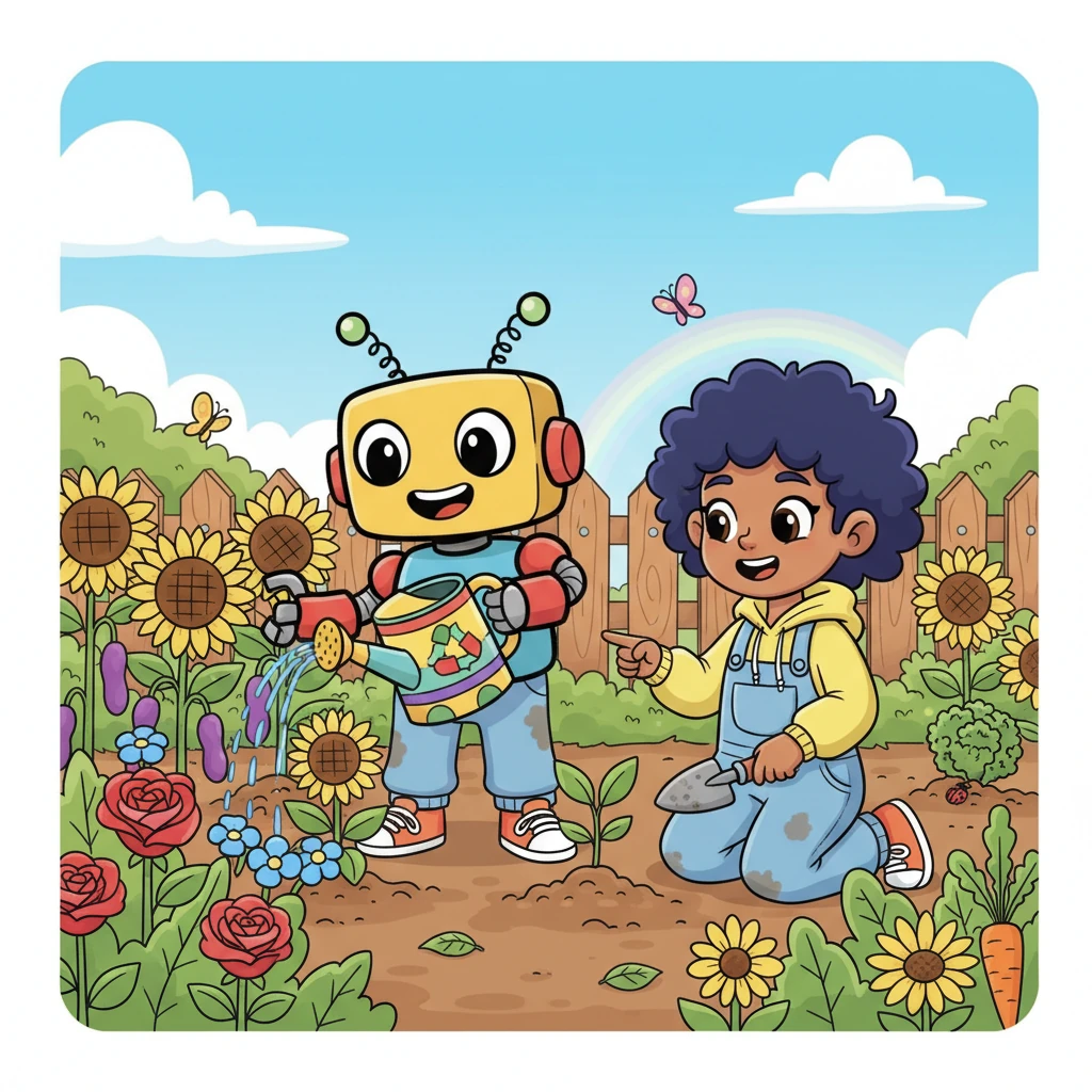 Bolt enthusiastically helps Sparky tend the garden, learning about biodiversity and the profound joy of creation. He realizes that robots can nurture life and beauty, not just build machines and process data.