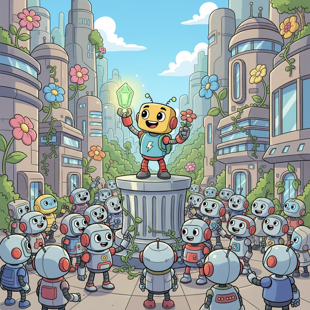 Bolt returns to the city, no longer just a gear-polisher, but an ambassador of growth and harmony. He shares his incredible discovery, inspiring other robots to explore the forgotten beauty of nature and connect with the vibrant world beyond their walls.