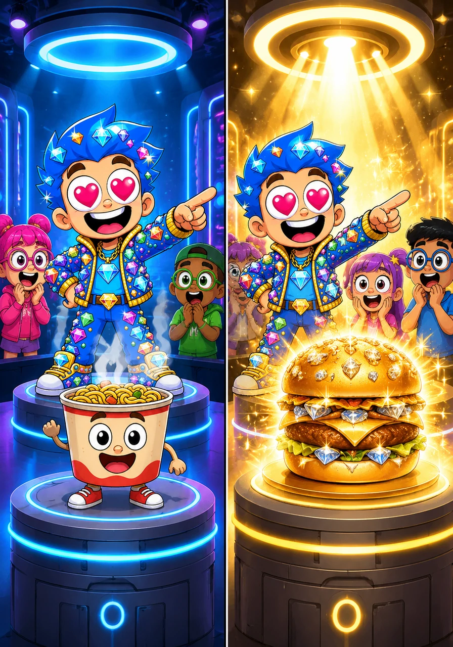 Max Mega-Byte stands in a high-tech studio under bright neon lights, pointing excitedly at two pedestals. On the left, a goofy $1 instant noodle bowl steams with a simple cartoon smile, while on the right, a $10,000 golden burger sparkles with real diamonds and a divine, heavenly glow.