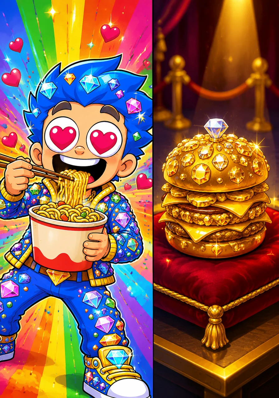 Max takes a huge, slurping bite of the cheap noodles, his eyes turning into giant hearts as a rainbow of flavor explodes in the background. The golden burger sits untouched on its velvet cushion, looking stiff and overly decorated with its cold, hard gems and heavy gold leaf.