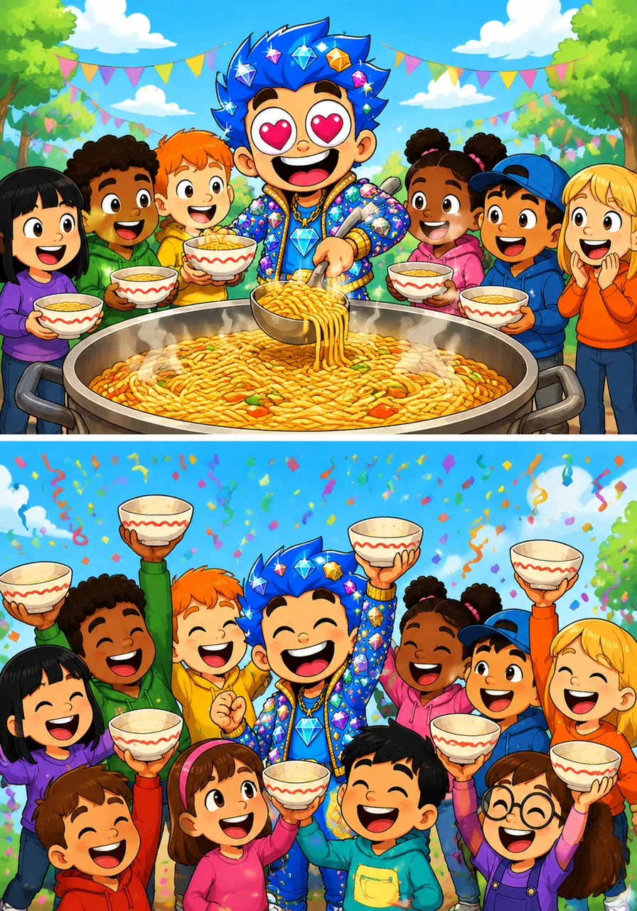 Instead of keeping the riches for himself, Max shares the wealth by hosting a massive noodle party for all his friends. They all cheer under a shower of confetti and bright colors, realizing that a simple meal shared with others is the most valuable experience of all.