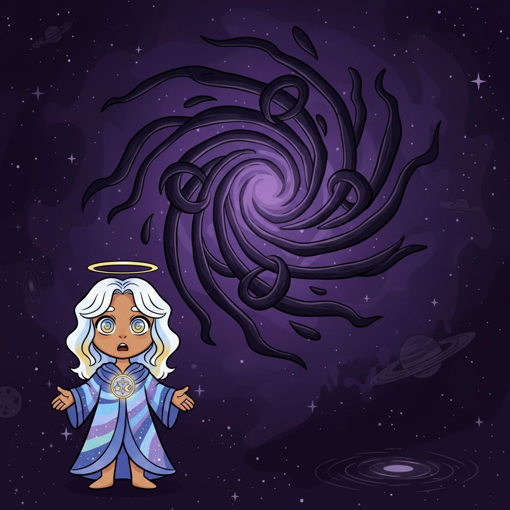 Suddenly, the cosmic hum faltered as the Hollow Eye awakened, a swirling vortex of deep purple and shadowy tendrils. Fear rippled through the galaxies, turning bright stars dim and causing planets to shiver. The Hollow Eye sought to twist reality into a tangled mess of worry and confusion, its dark influence spreading rapidly.