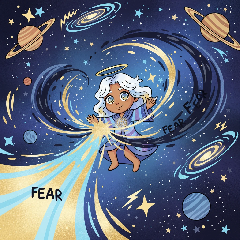 The great war erupted with dazzling flashes of light and booming echoes that shook the very fabric of space. Aetheria soared through starfields, deflecting streams of shadowy fear with waves of pure energy. Planets tumbled and galaxies swayed as the epic clash between order and chaos unfolded across the cosmos.