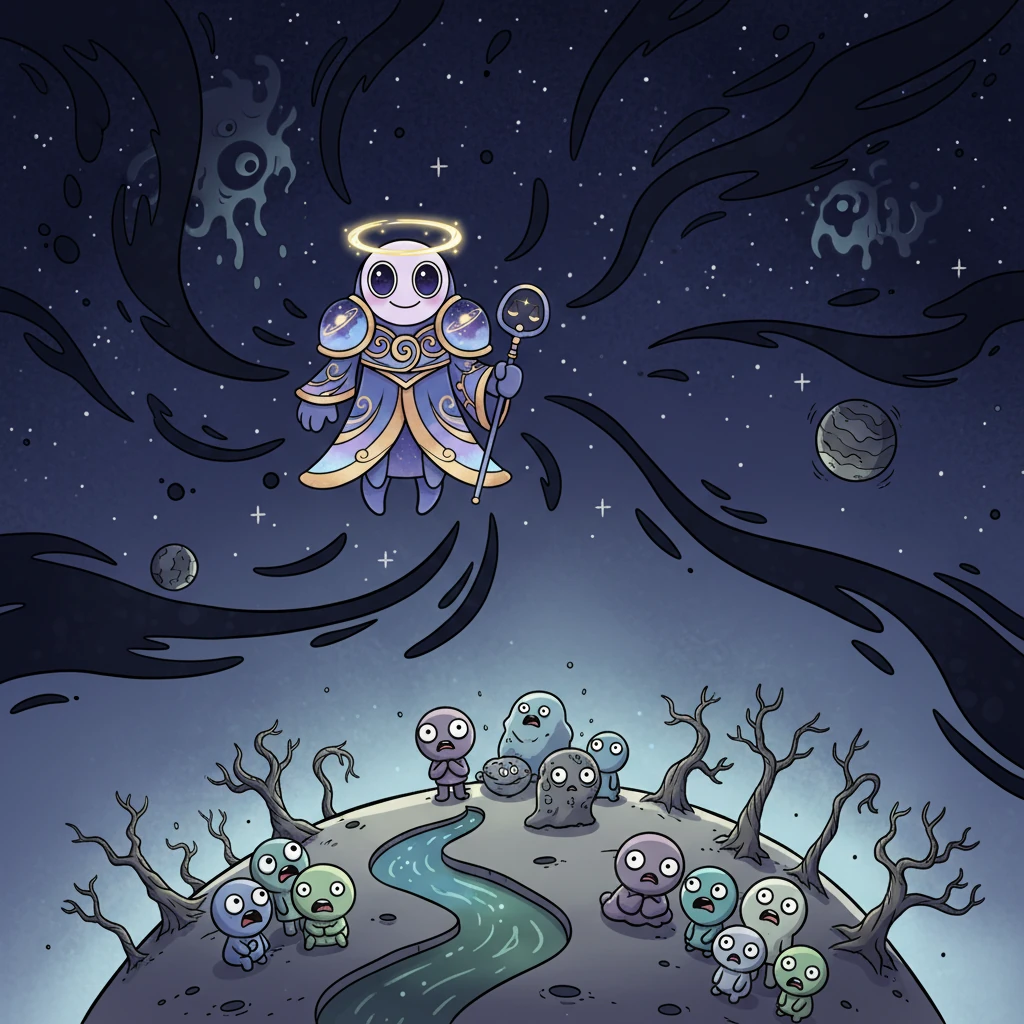 The Hollow Eye's power corrupted beautiful worlds, turning sparkling rivers into murky shadows and vibrant forests into desolate landscapes. Little beings on distant planets huddled together, their eyes wide with fear as strange, unsettling shapes flickered in their skies. The universe felt the heavy weight of encroaching darkness.