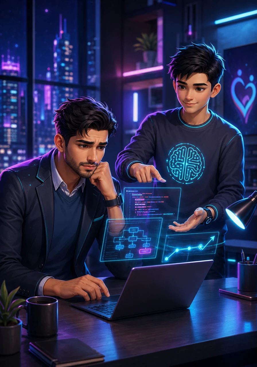 شەو داهاتووە و زانا خەریکی نووسینی کۆدێکی کۆمپیوتەرییە بۆ پڕۆژەیەکی خێرخوازی. کاتێک تووشی کێشەیەک دەبێت، ژیریی دەستکرد هەڵەکانی بۆ ڕاست دەکاتەوە و ڕێگەی خێراتری نیشان دەدات. ئەو هەست بە هێز دەکات کە دەتوانێت بە یارمەتی تەکنەلۆژیا خزمەتی کۆمەڵگەکەی بکات.