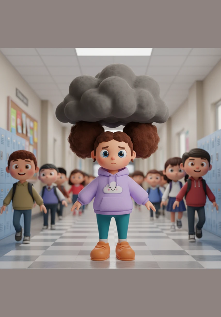 Walking through the crowded school hallway, Maya feels an invisible weight pressing down on her shoulders, shaped like a heavy, dark cloud. Everyone else seems to move with ease and laughter, while every step she takes feels like walking through deep, thick sand.
