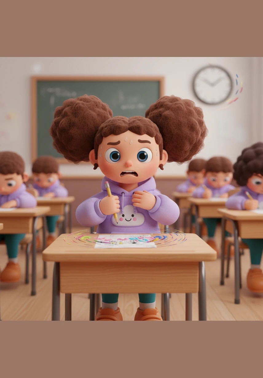 In the middle of a quiet exam, Maya's heart begins to race like a trapped bird against her ribs for no reason at all. The letters on the test paper start to swirl and blur, and the ticking of the wall clock sounds like a deafening drum in the silent room.