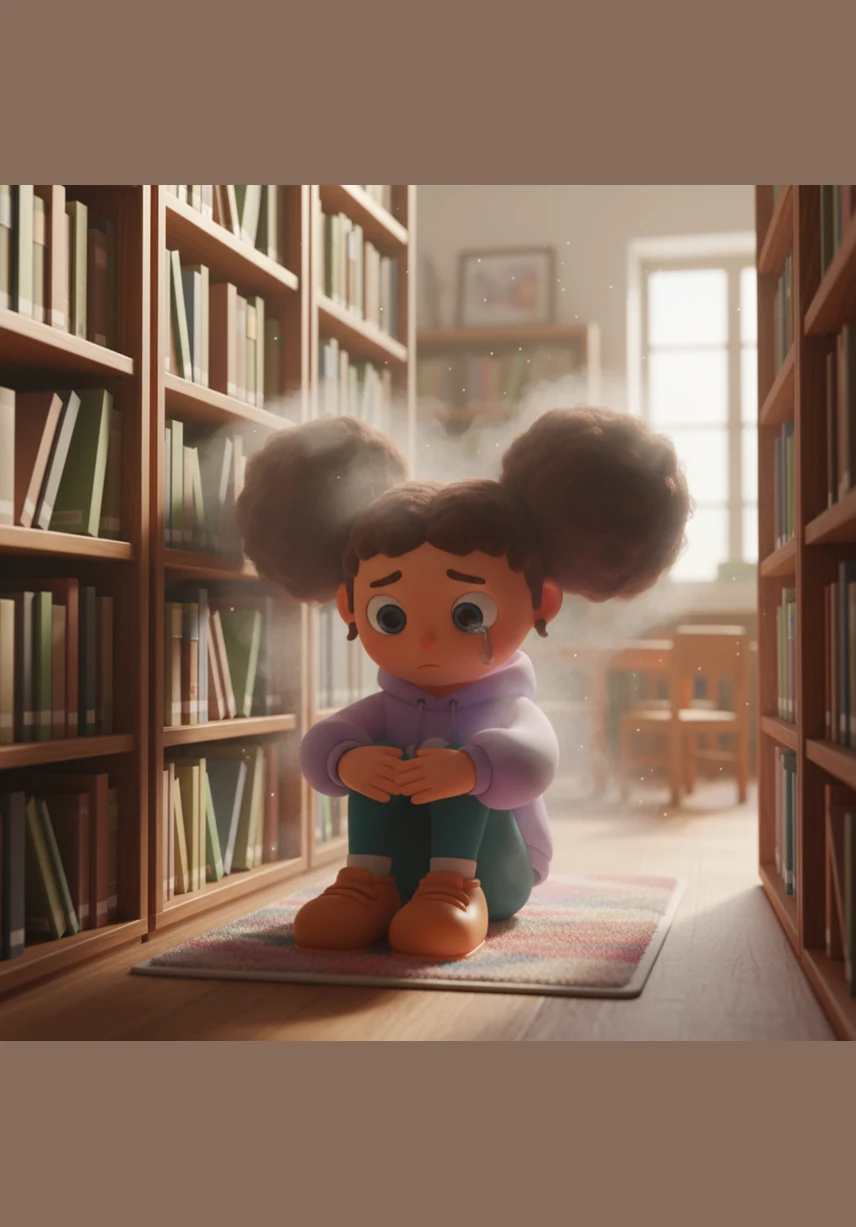 Seeking a moment of peace, Maya finds a hidden corner in the school library behind the tallest bookshelves. She hugs her knees to her chest, finally letting the mask slip as a single tear tracks through the gray mist that follows her everywhere.