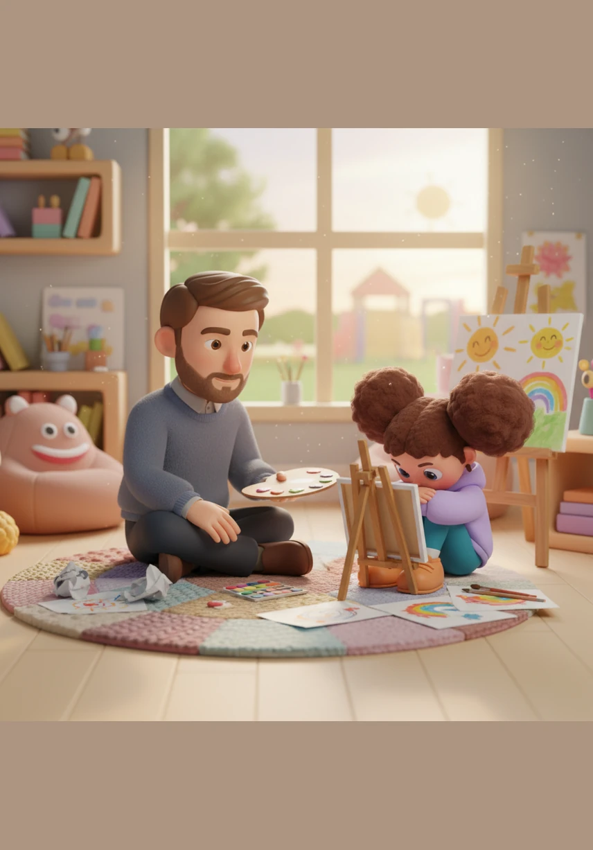 Mr. Aris, the art teacher, notices Maya lingering after class and sits down at a nearby table with a gentle expression. He doesn't ask about her missing assignments; instead, he softly asks how her heart is doing today, offering a space of genuine kindness.