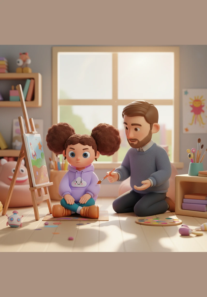 A few weeks later, Maya joins an after-school art circle where she uses vibrant blues and purples to paint the clouds she carries. As she expresses her internal world on the canvas, she realizes that other students are painting their own shadows too, and she feels less alone.