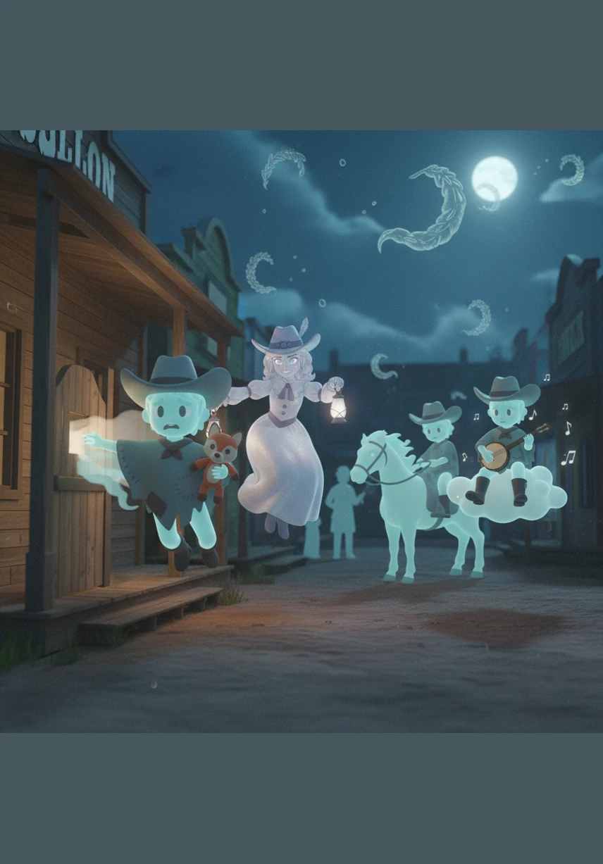 Two translucent figures, Elias and Clara, drift into a desolate town where tumbleweeds roll through streets frozen in time. The golden sun hangs low, casting long shadows over the weathered wooden buildings of the Old West.