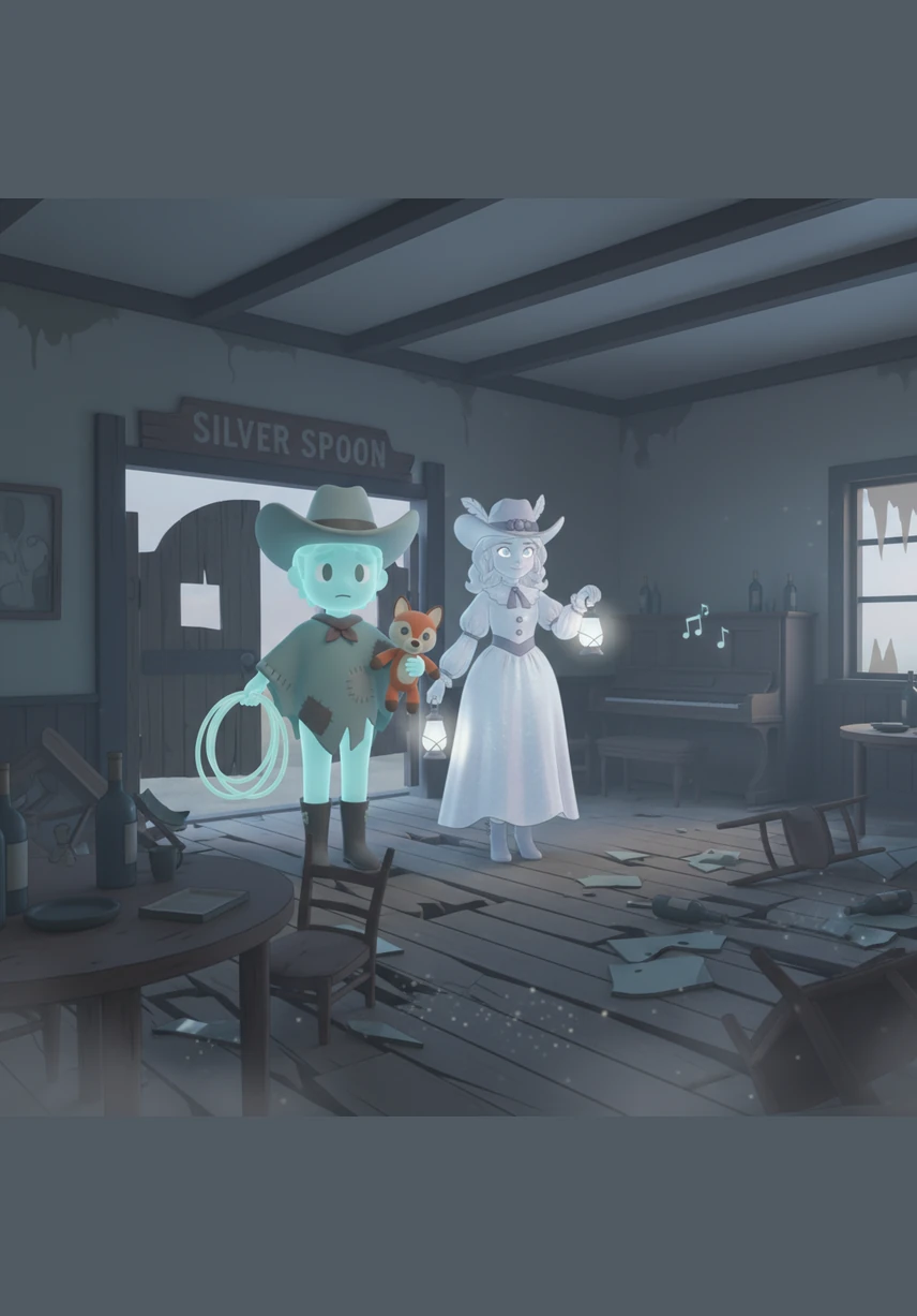 They stand before the swinging doors of the Silver Spur Saloon, hearing the faint, ghostly echo of a piano playing a melody from a century ago. Dust motes dance in the air as they step inside, looking for clues among the overturned chairs and shattered glass.