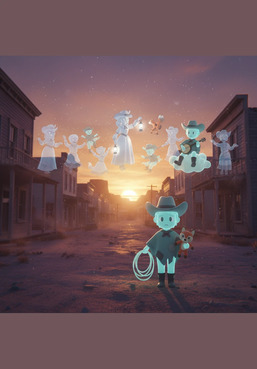 A sudden vision of the past washes over the street, showing the town full of life and the tension of a brewing storm. They see their younger selves standing on opposite sides of the dusty road, caught in a conflict they didn't fully understand.