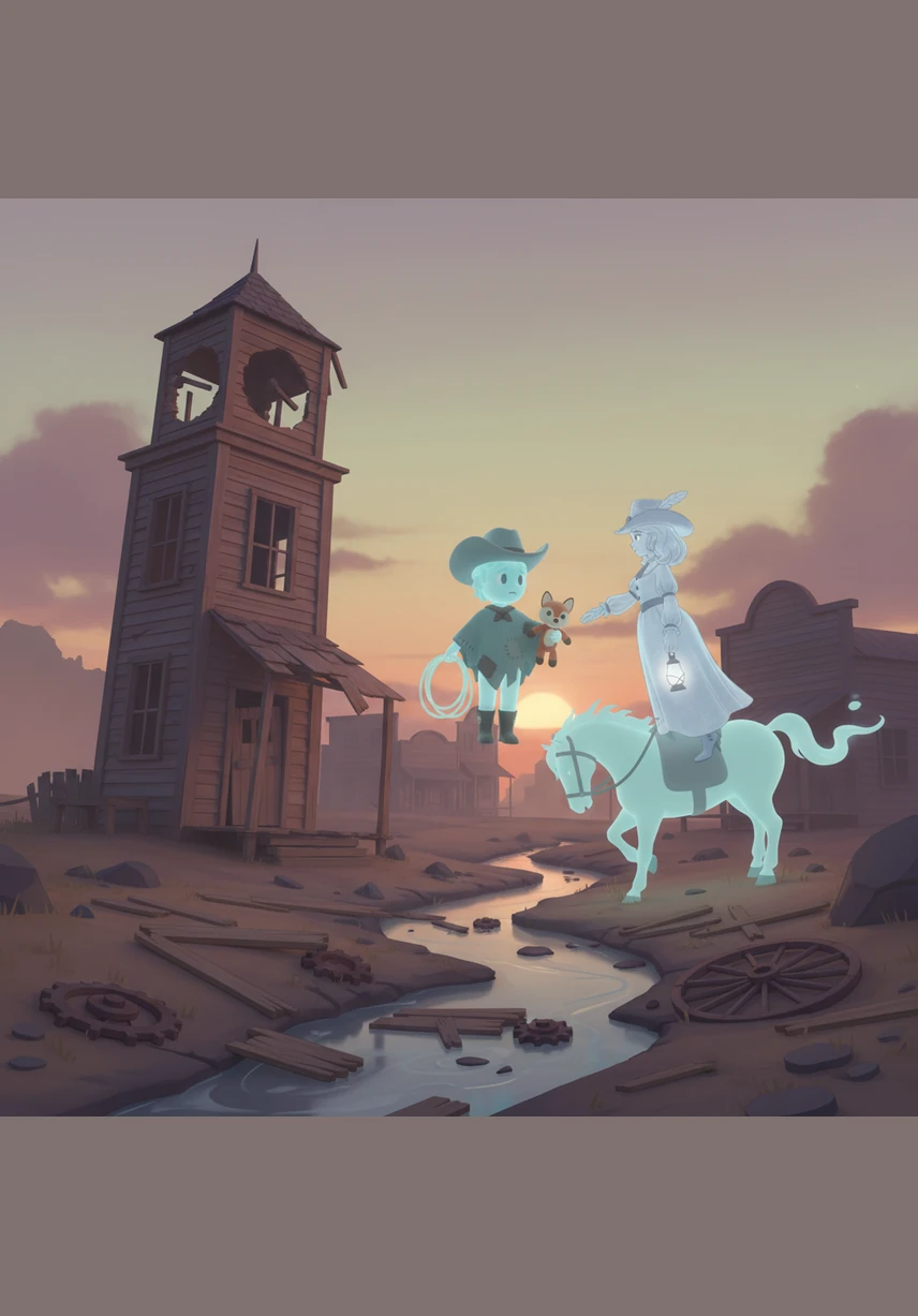 The scene shifts to the edge of town, where a broken clock tower looms over a dry creek bed. Here, the souls witness the moment of their departure, realizing it wasn't malice but a tragic accident that bound them together.