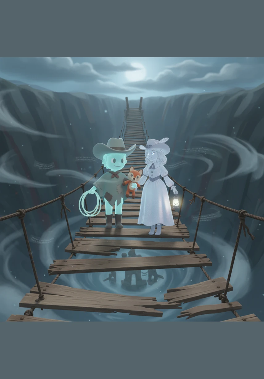 They walk toward the old bridge where the wind howls through the canyon, carrying the voices of those who once lived there. The weight of their long-held confusion begins to lift as the truth of their shared history finally comes to light.