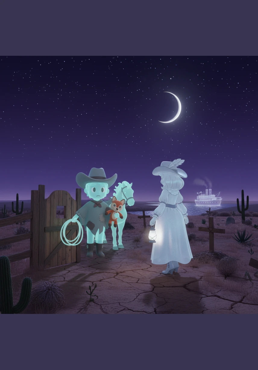 Under the vast, purple sky of the desert night, Elias and Clara face each other, their spectral forms glowing with a soft, warm light. They exchange a silent gesture of forgiveness, letting go of the regrets that kept them tethered to the earth.