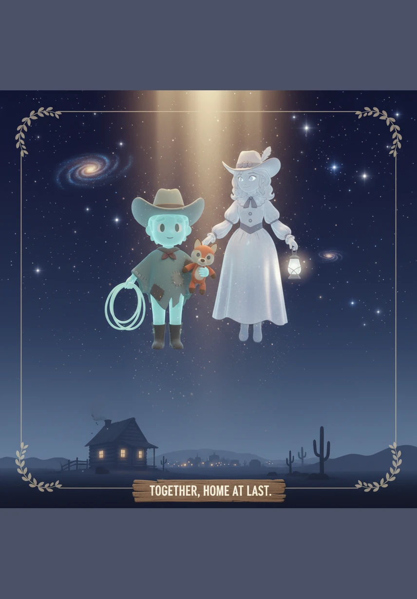 The two souls ascend toward the heavens, becoming twin stars that watch over the quiet prairie forever. Their journey is complete, and the whispers in the dust are finally silenced by the peace of the eternal horizon.