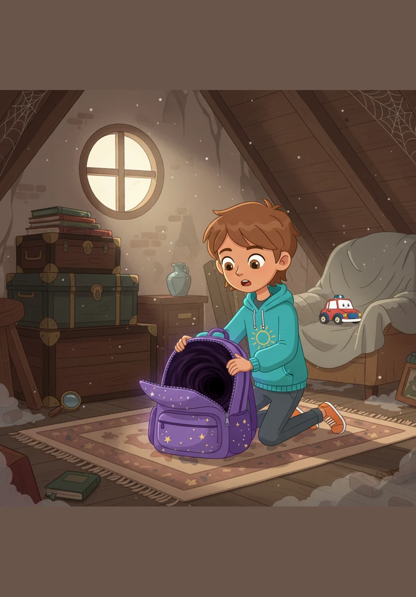 Tomás is a curious seven-year-old boy with brown hair and eyes full of wonder who loves to explore his grandmother's attic. One afternoon, he discovers a mysterious purple backpack decorated with shimmering gold and silver stars hidden behind some old wooden trunks. When he opens it, the inside looks like a deep, dark void that seems to go on forever.