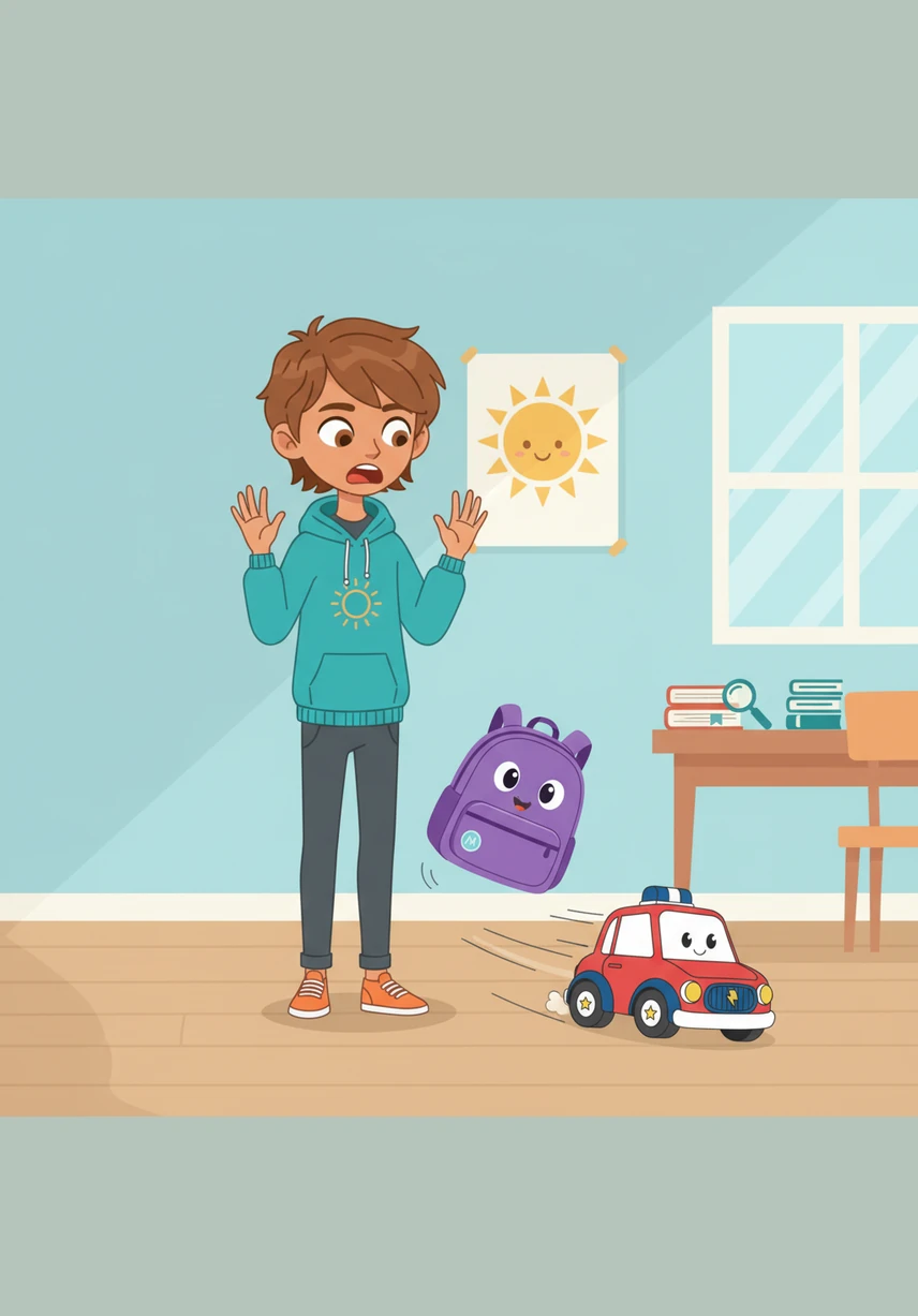 Curious to see what happens, Tomás drops a pencil into the backpack, but it disappears instantly without making a sound. He tries putting in a small ball and his favorite toy car, but the backpack swallows them too, leaving him staring in shock at the empty, bottomless bag. He even tries shaking it upside down, but nothing falls out.