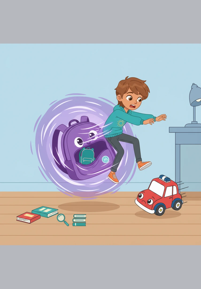 Suddenly, the embroidered stars on the backpack begin to glow and blink with a vibrant, magical light. A strange, swirling wind starts to pull at Tomás's clothes, and before he knows it, he is pulled right into the backpack. He screams with excitement and fear as he falls down a giant, spiraling tunnel that feels like a never-ending slide.