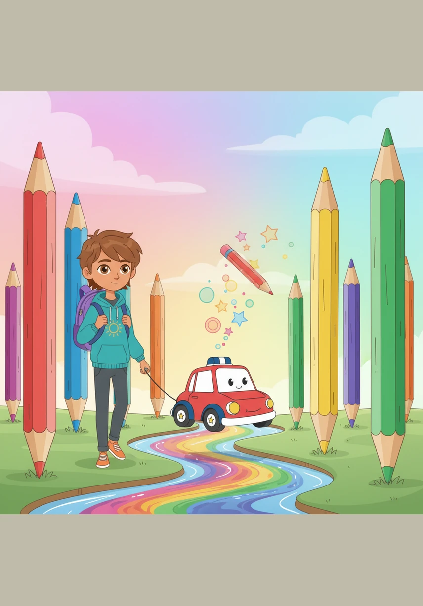 The toy car leads Tomás through a landscape filled with giant pencils that stand like trees against a bright, colorful sky. They reach a sparkling river made of liquid colored pencils that flow in every color of the rainbow. Nearby, several pencils are floating in the air, drawing magical stars and shapes that come to life as they move.