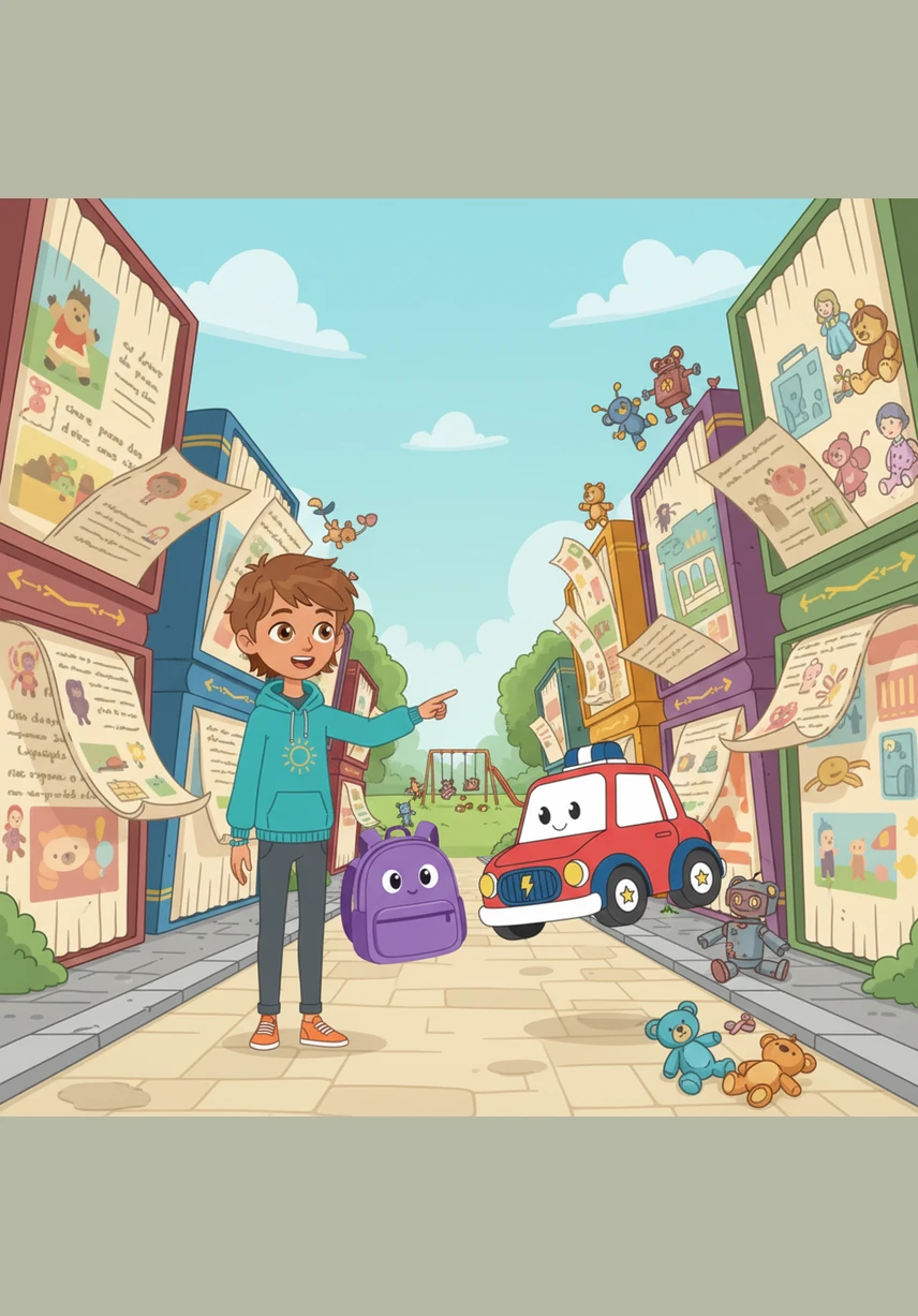 They walk through a magnificent city where the buildings are made of giant books that open and close their pages to tell stories to anyone passing by. In the distance, Tomás sees a park where forgotten teddy bears, robots, and dolls are all playing together happily. He is amazed to see that his lost things are not gone, but are living in a paradise of play.