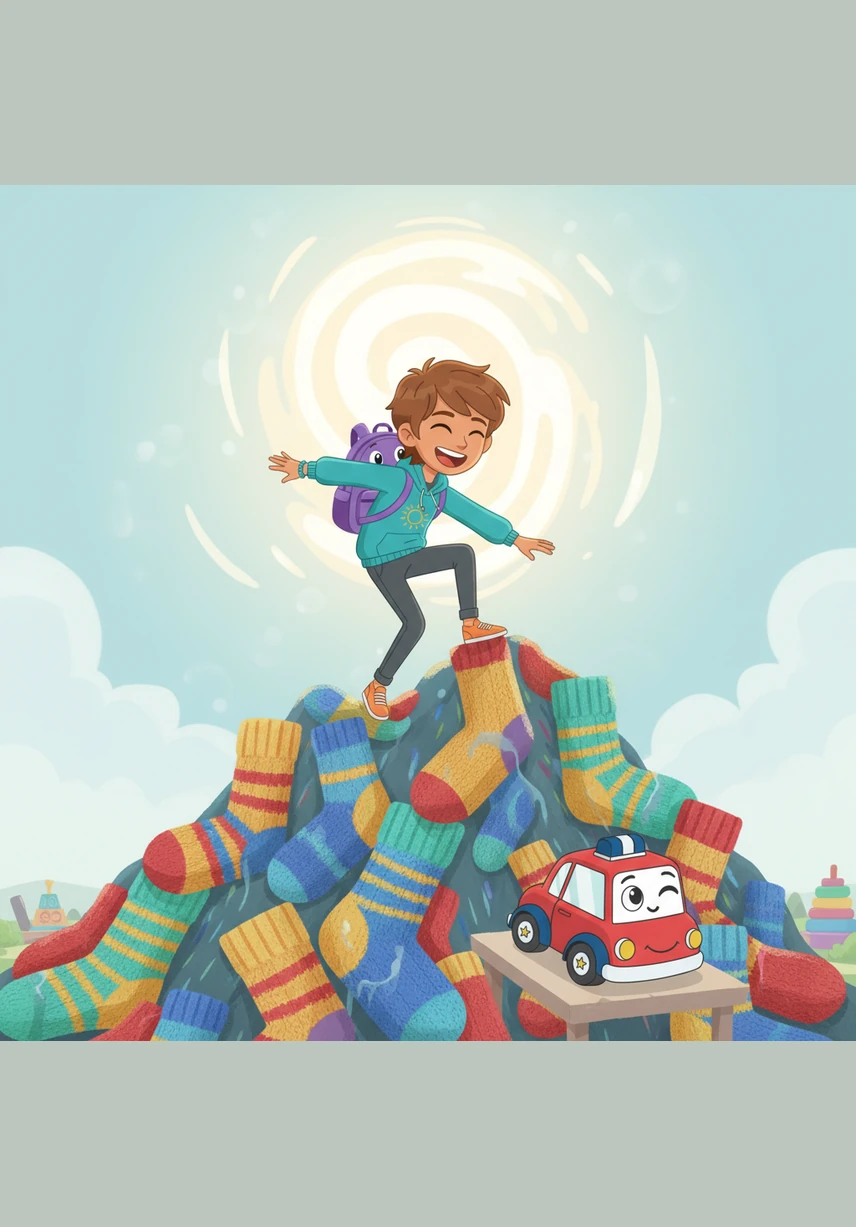Tomás asks his new friends how he can return to his own room, and the toy car points toward a glowing portal high in the sky. To reach it, Tomás must climb a slippery mountain made of giant, mismatched socks. He laughs as he slides and climbs, determined to reach the light and return to his grandmother's house.