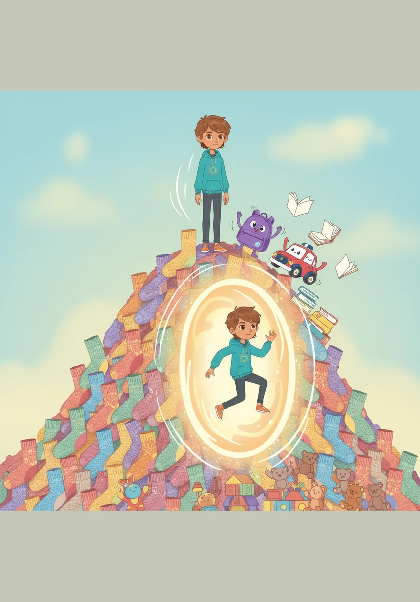 At the top of the sock mountain, Tomás looks back to see all the toys and books waving their hands and pages to say goodbye. They tell him he can visit whenever he wants as long as he remembers them. With a brave breath, he jumps into the glowing portal and feels a sudden whoosh as he is whisked through the air.