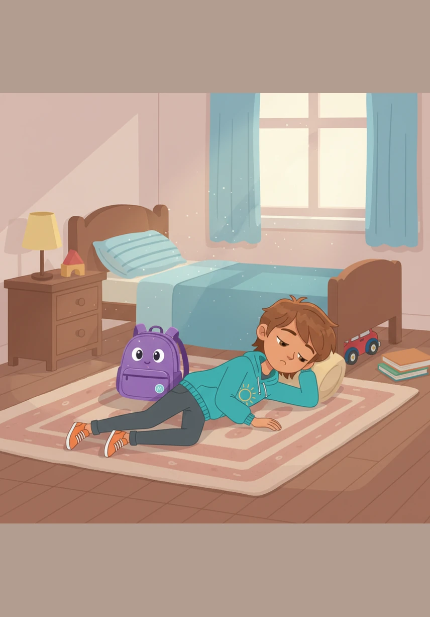Tomás wakes up on his bedroom floor with the purple backpack resting quietly beside him. He looks at his toys and his pencil with a new sense of appreciation and decides to take much better care of his things from now on. He smiles, knowing that if anything ever goes missing, it is simply having a grand adventure in the Dimension of Lost Things.