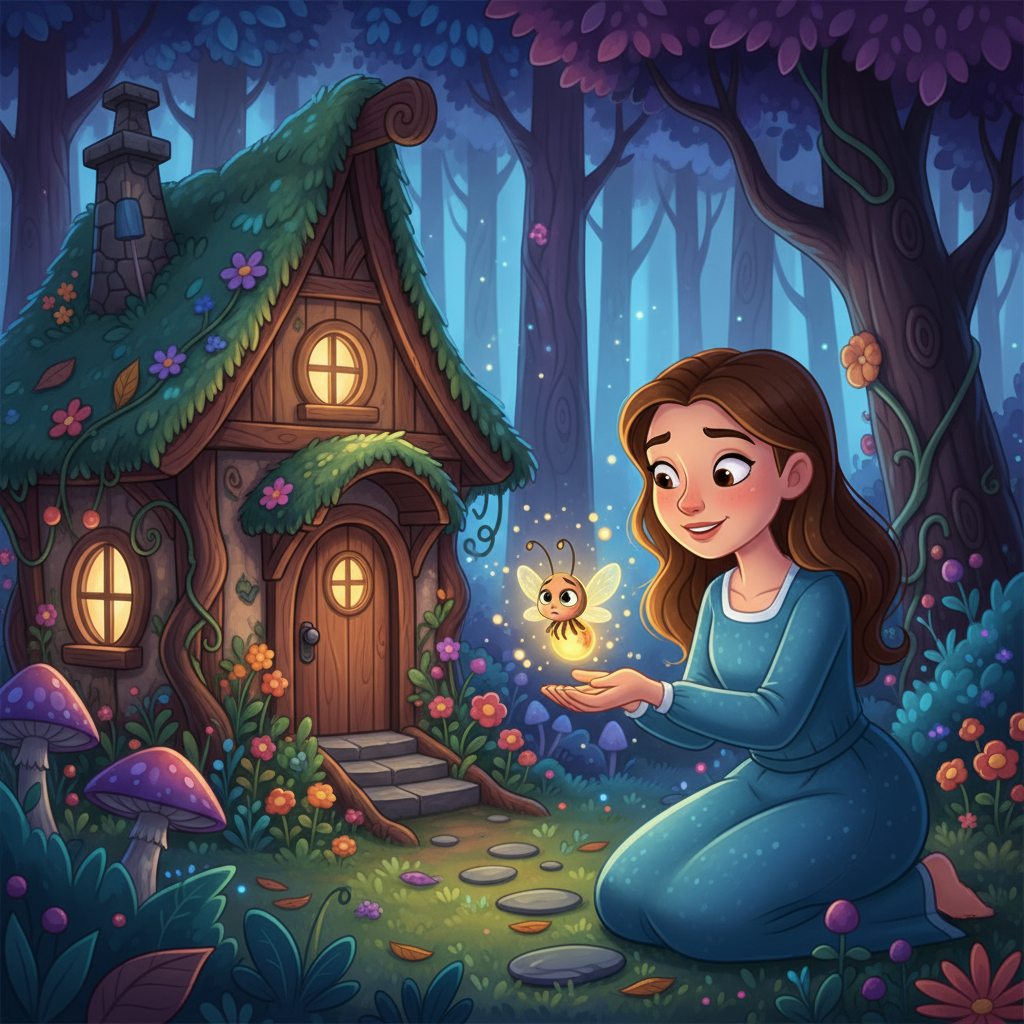 One day, a little lost firefly, its light flickering with worry, stumbled upon Elara's cottage. The firefly explained that it had lost its way in the woods and was afraid. Elara, with her gentle heart, promised to help.