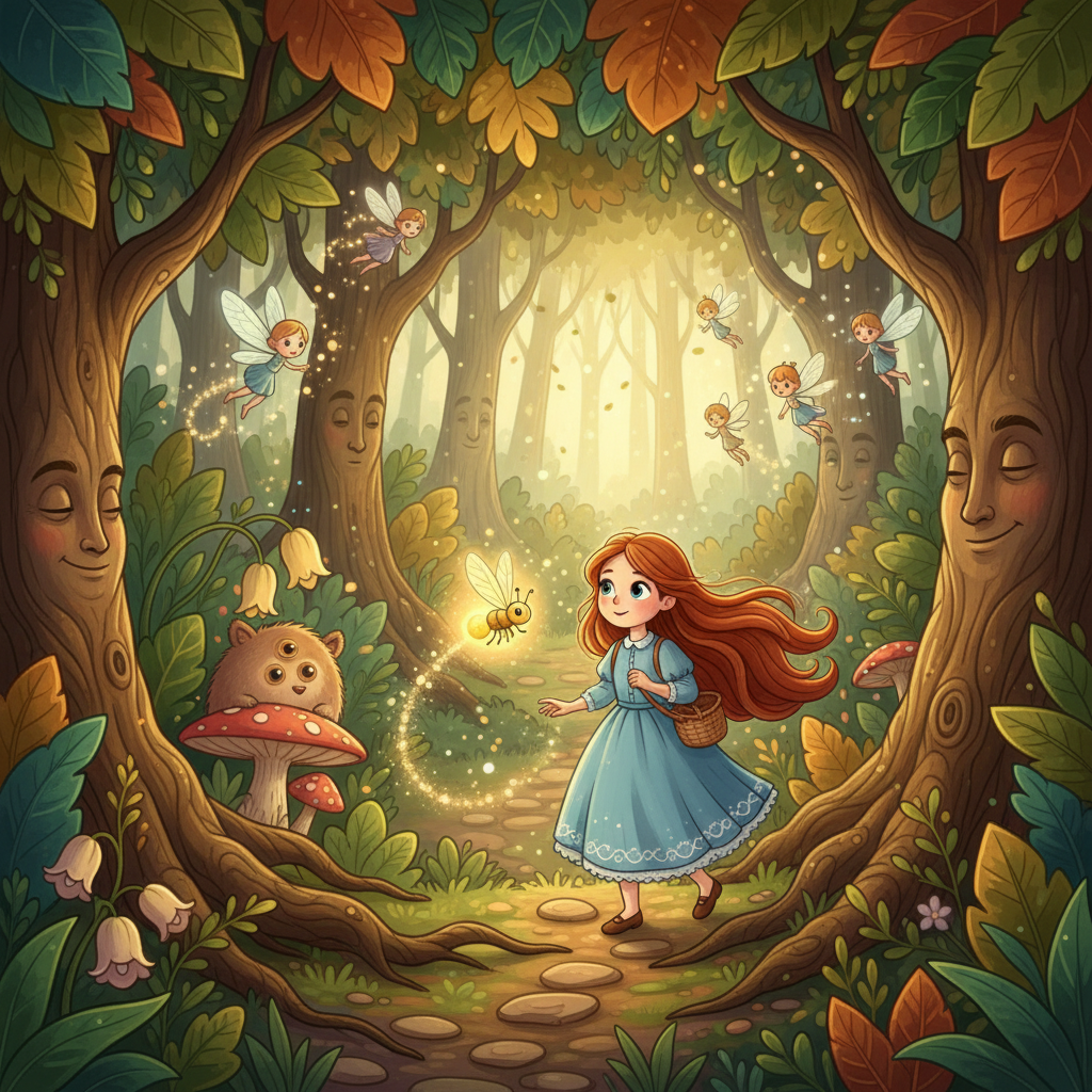 Together, Elara and the firefly entered the Whispering Woods. Sunlight dappled through the leaves, illuminating strange and wonderful creatures. The woods seemed to hum with a quiet energy.