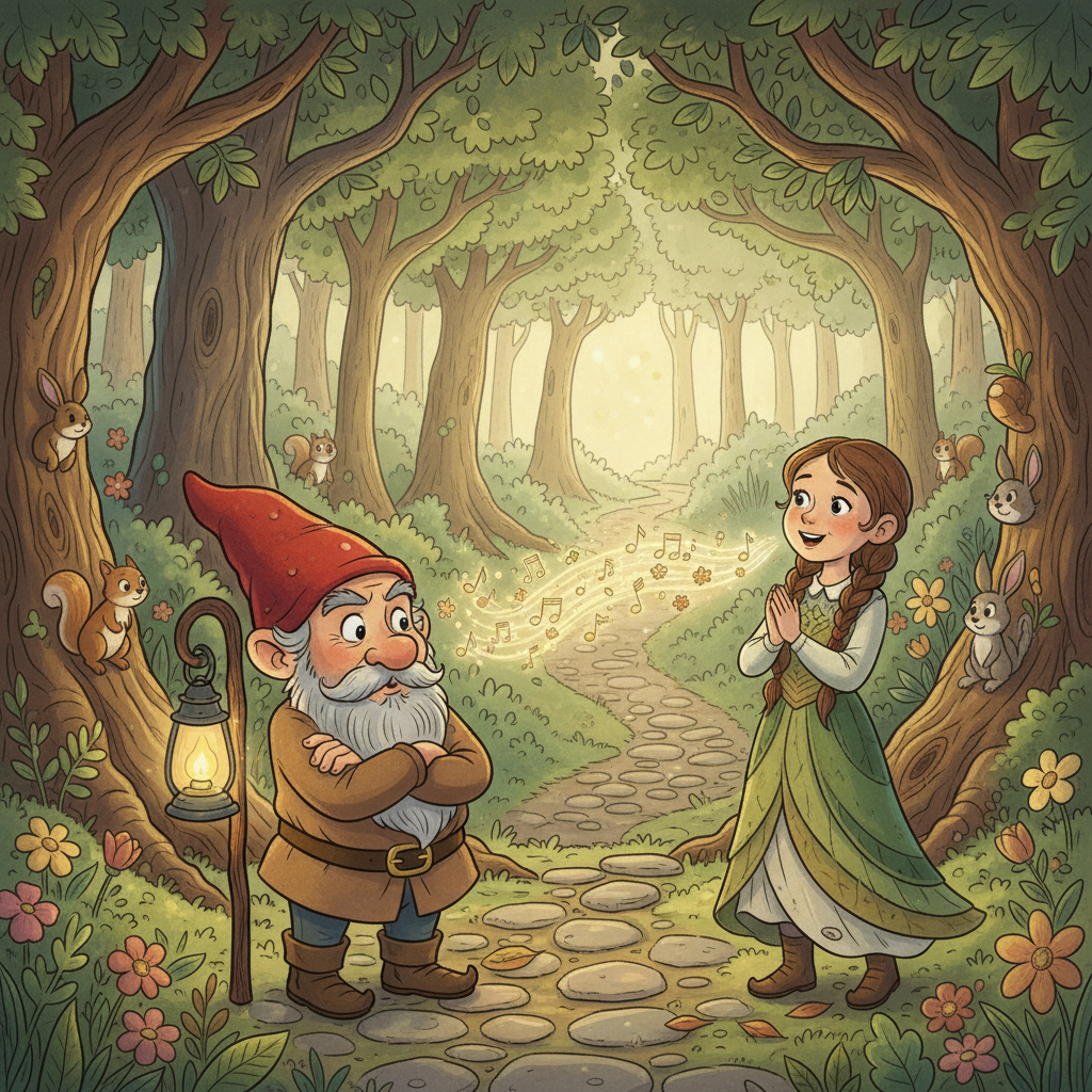 They encountered a grumpy gnome guarding a path. The gnome refused to let them pass. But Elara, remembering her grandmother's teachings, offered the gnome a beautiful song, sung with kindness.