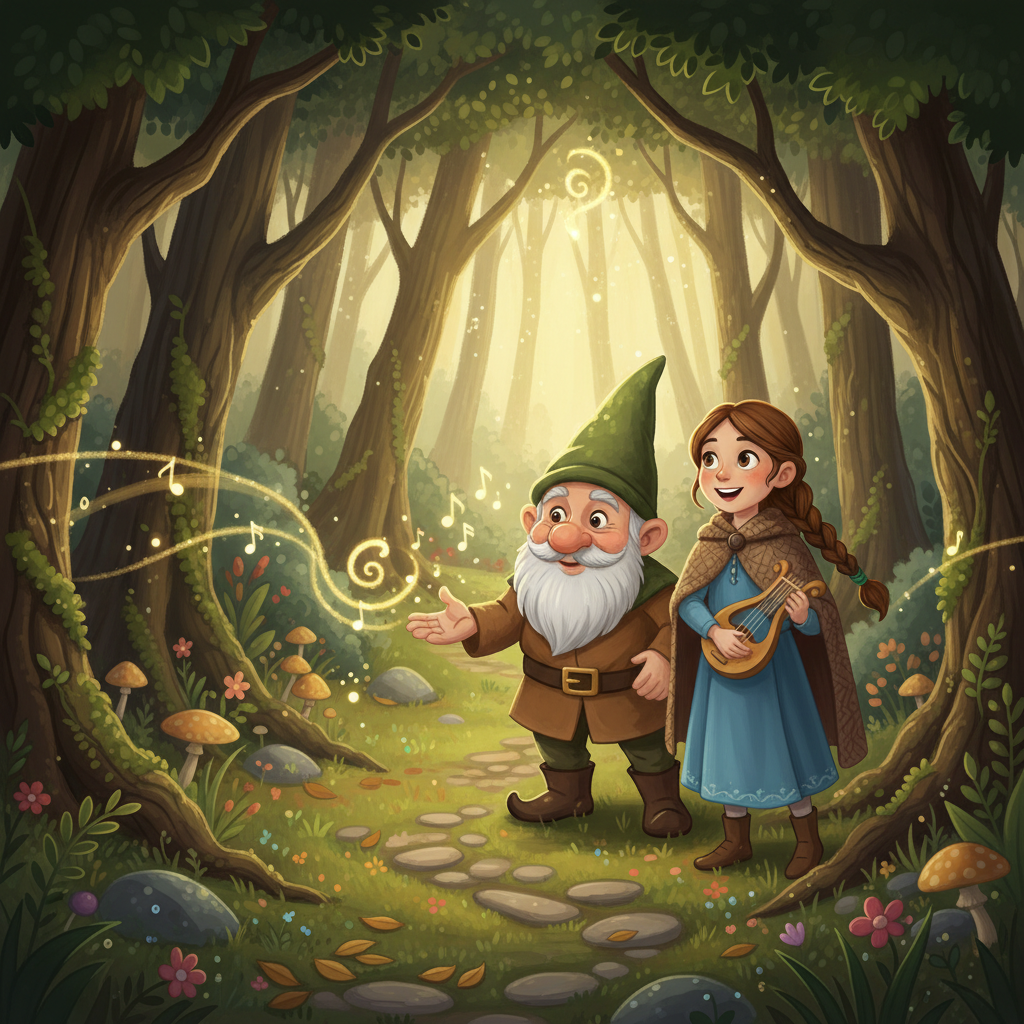 The gnome, touched by the song, softened and revealed a hidden path. He explained that Elara's voice, full of love, had broken through his grumpy shell. They continued deeper into the woods.