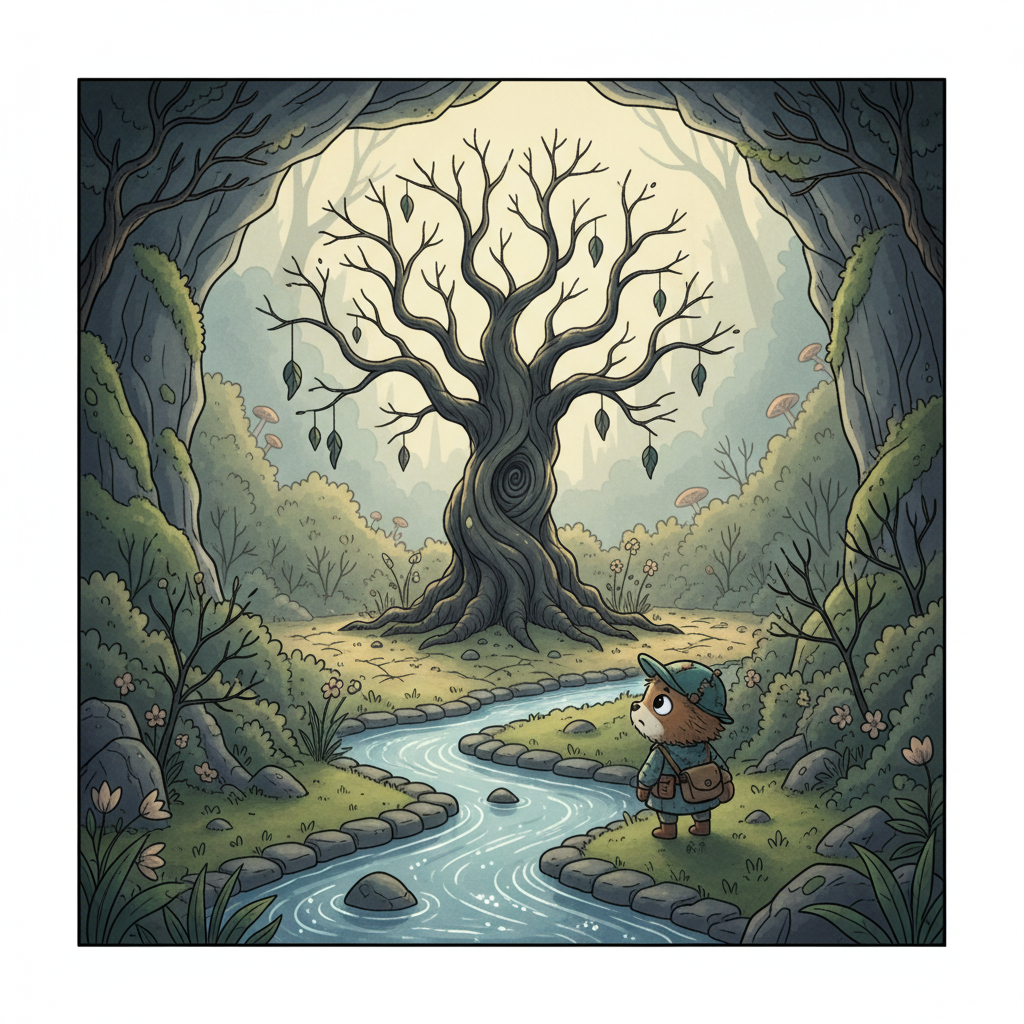 As they went further, a babbling brook led them to a hidden clearing where a magical tree stood. The tree's leaves were drooping, and its branches were bare.