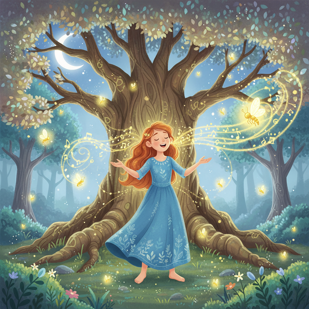 The firefly explained that the tree's magic was fading. Elara, understanding the tree's sadness, began to sing a song of hope and renewal, her voice echoing through the clearing.