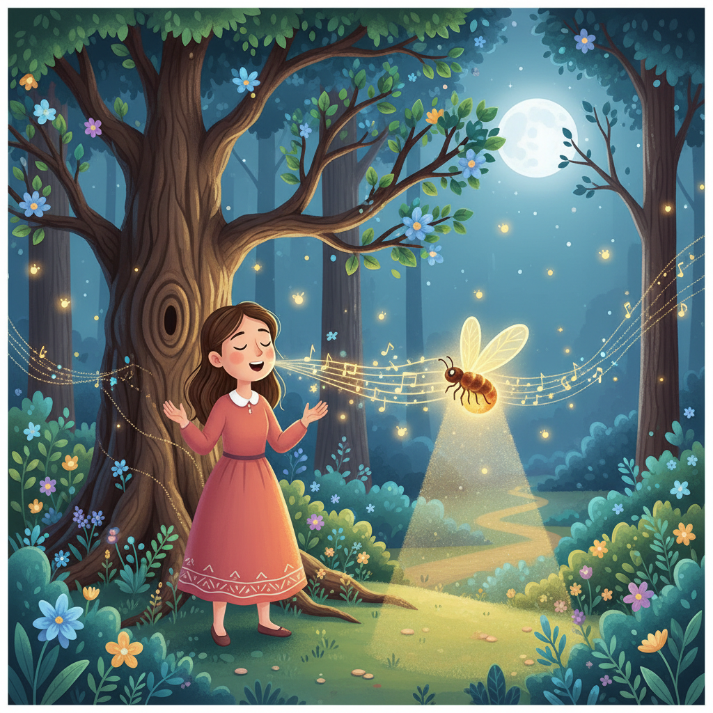 As Elara sang, the tree's branches began to sprout new leaves, and its flowers bloomed. The woods responded to her kindness. The firefly's light shone brighter, leading the way home.