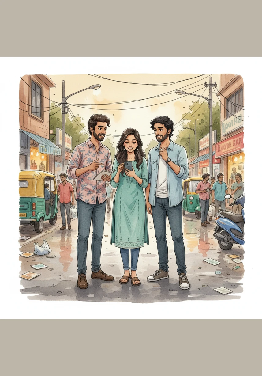 He meets his best friends, Priya and Karthik, on a bustling street near Nelson Manickam Road. They discuss where to go for dinner, searching for a place that offers great food and a relaxed vibe without breaking their budget.