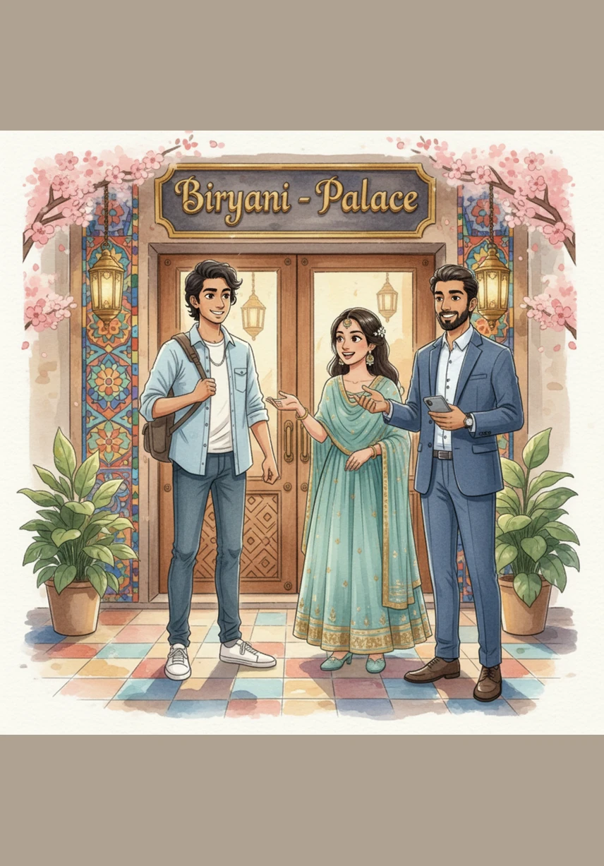 The trio arrives at the entrance of Biryani Palace, where the warm glow of the sign welcomes them. The irresistible aroma of slow-cooked spices and smoky charcoal wafts through the air, instantly sharpening their appetites.