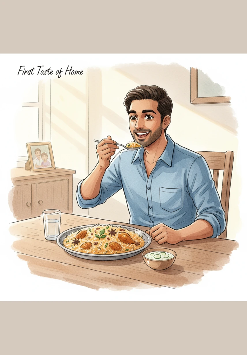 Arjun takes his first bite of the flavorful biryani, and a look of pure satisfaction spreads across his face. The spices are bold and authentic, delivering the exact comfort and richness he had been dreaming of all day.