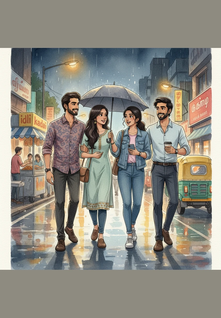 As they step out into the cool Chennai night, the friends feel completely satisfied and happy. They look back at the glowing sign of Biryani Palace, already planning their next visit to their favorite new hangout spot.